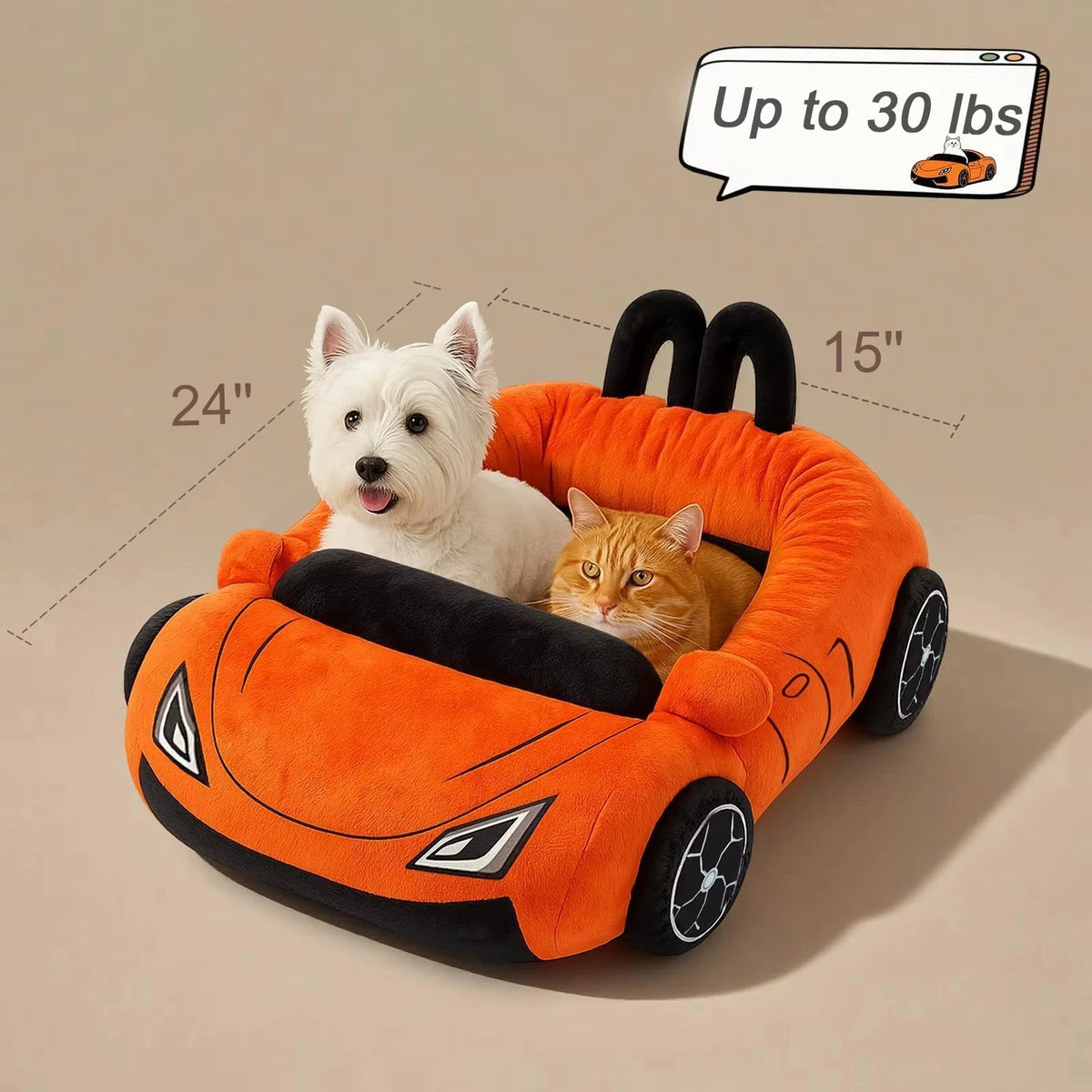 Orange car-shaped pet bed with a white dog and orange cat inside, on a beige background.