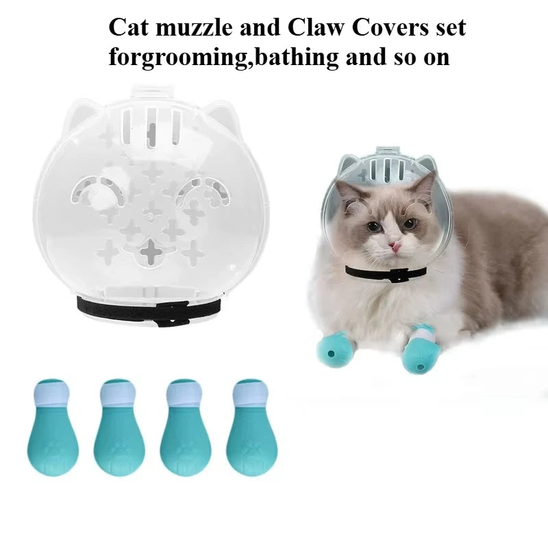 Breathable Cat Muzzle & Paw Socks Set | Anti-Bite Grooming Hood