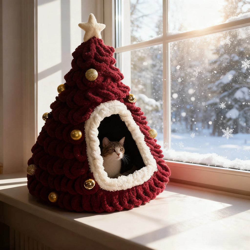 A Christmas tree-shaped cat bed made of textured burgundy cord with gold ornaments and a cream star topper, placed on a windowsill with a cat peeking out from the opening. A snowy outdoor scene is visible in the background.