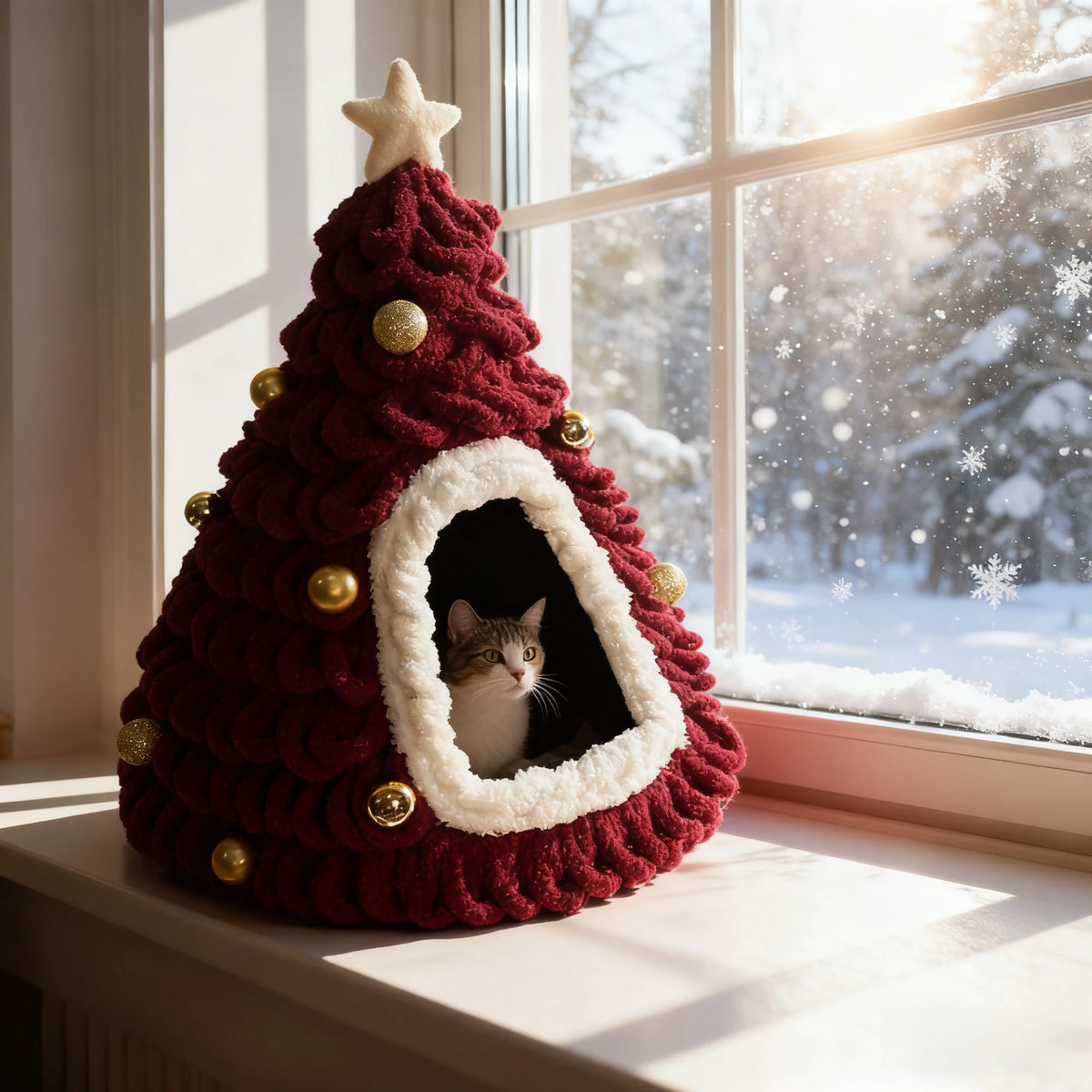 A Christmas tree-shaped cat bed made of textured burgundy cord with gold ornaments and a cream star topper, placed on a windowsill with a cat peeking out from the opening. A snowy outdoor scene is visible in the background.