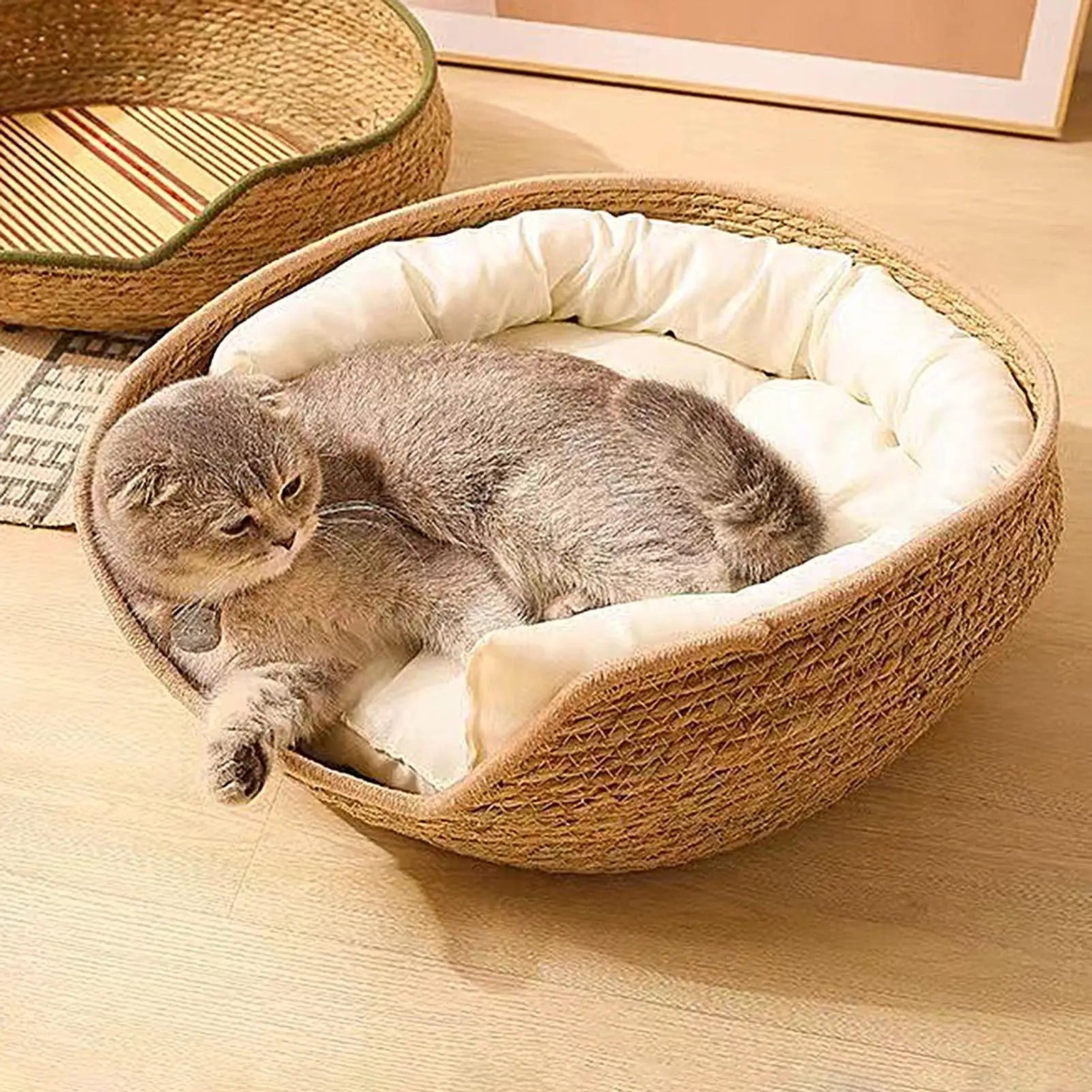 Cotton Rope Round Cat Bed with Pillow