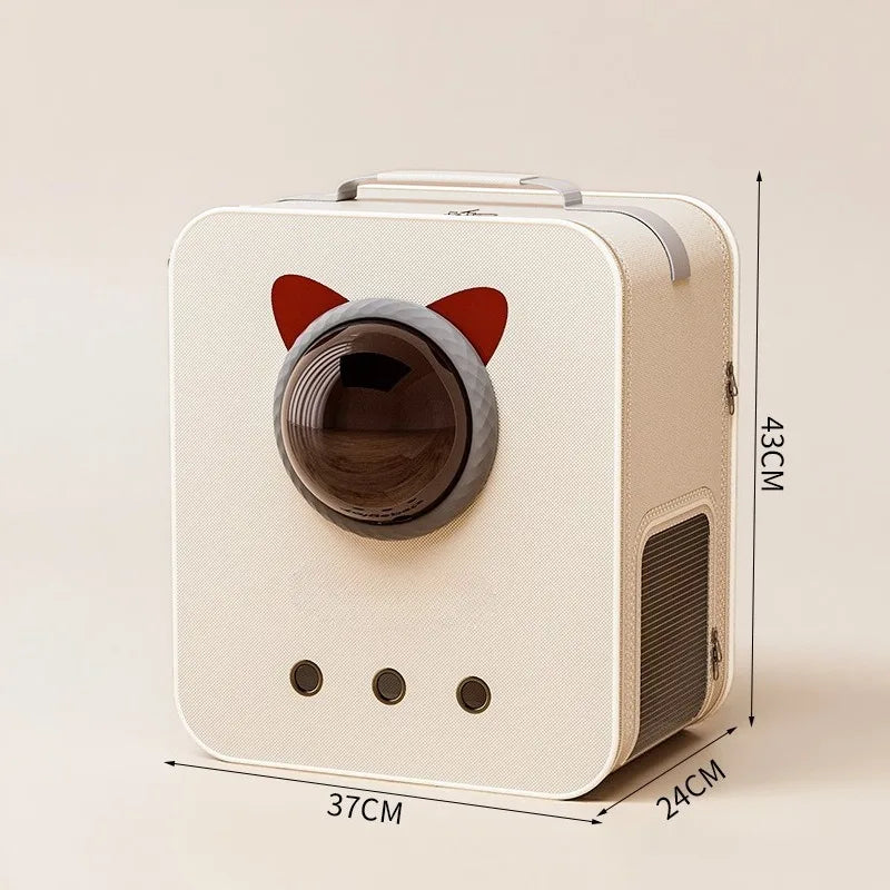 A square beige pet carrier or decorative box with rounded corners, a large dark oval window, red cat-ear details on the front, and dimension labels showing 37cm width, 24cm depth, and 43cm height on a light beige background.