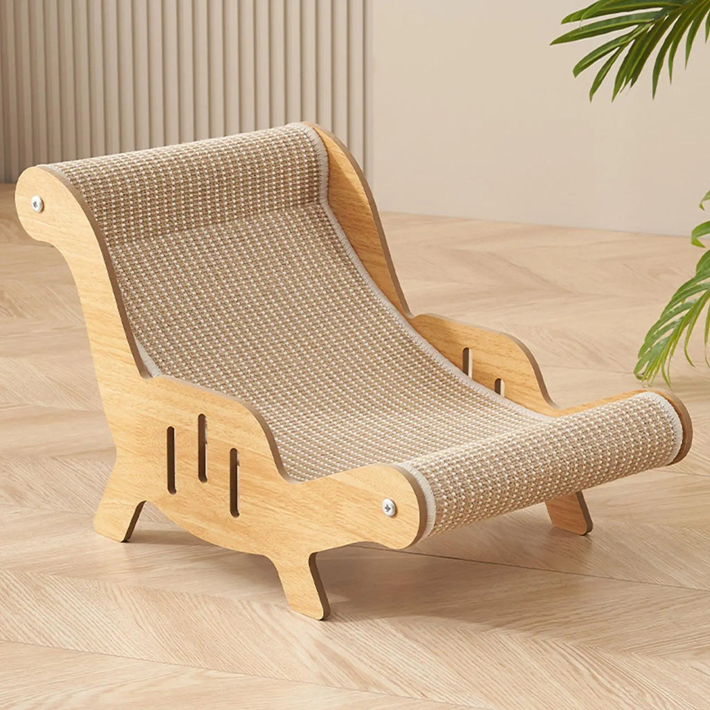 Wooden cat scratcher with sisal-wrapped surface on a wooden floor.