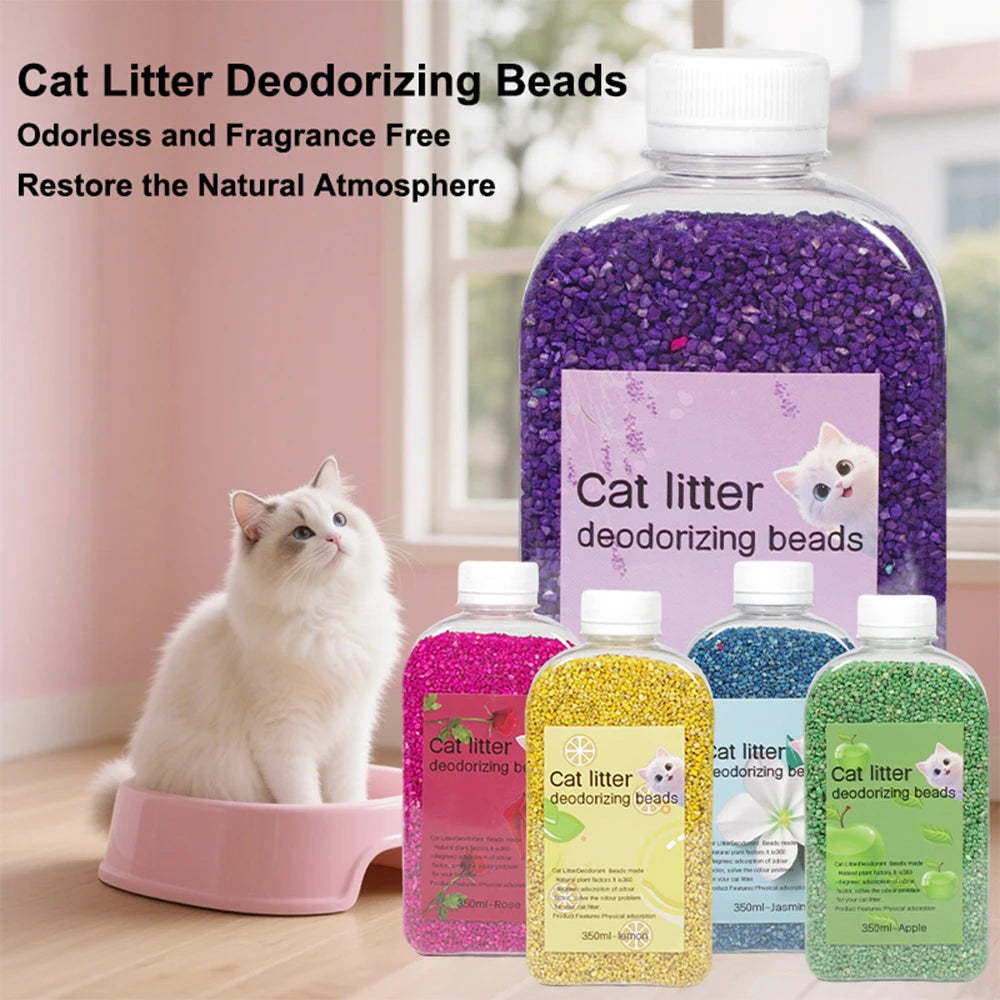 Cat litter deodorizing beads with a cat sitting next to them on a wooden floor.