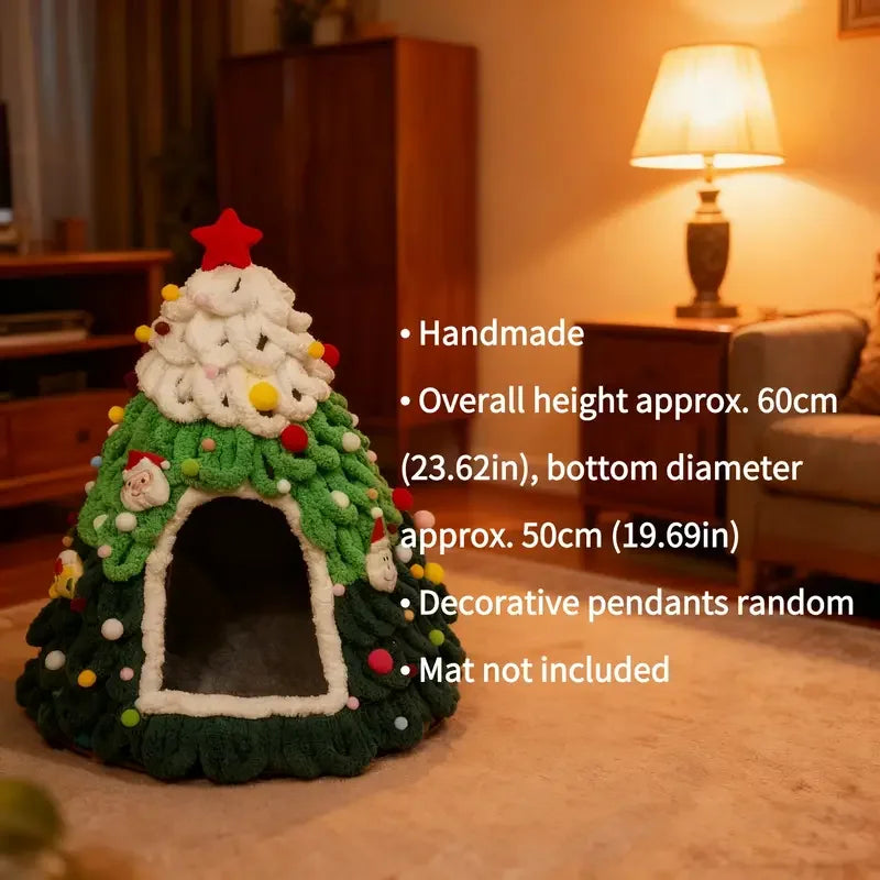 Handmade Christmas tree-shaped pet house with decorative pendants on a living room floor.