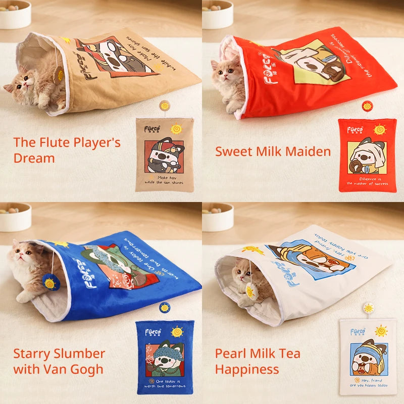 Four different colored cat caves with cat illustrations and text on a beige surface.