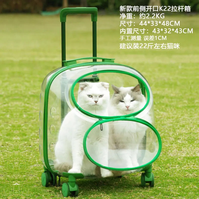 A green and clear plastic cat rolling carrier with two cats sitting inside, set on a green grass lawn. Chinese text is overlaid in the top right detailing the product's dimensions and weight.