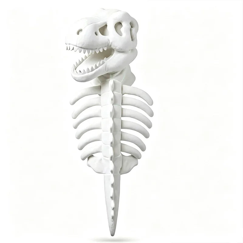 A white dinosaur skeleton tooth pick featuring a detailed T-rex skull and rib cage, shown on a clean white background.