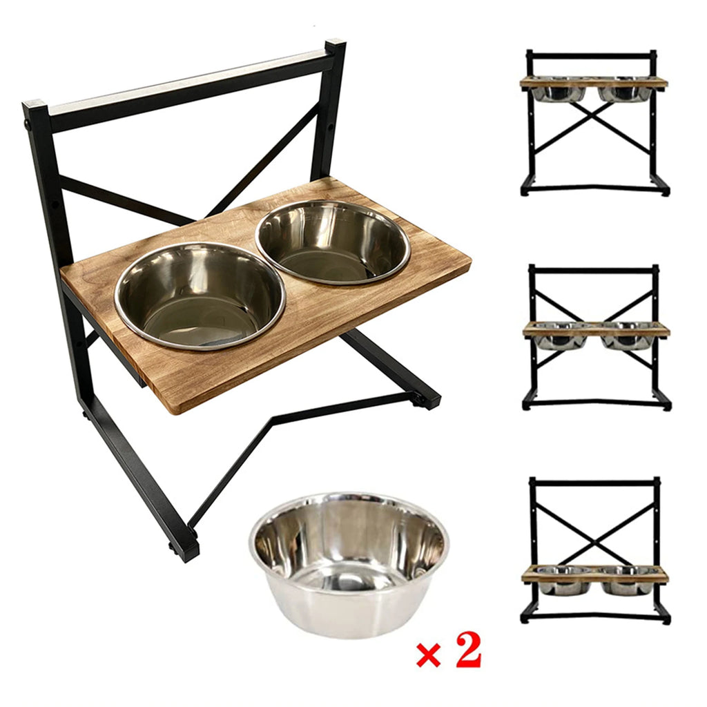A pet elevated feeding stand with a black metal frame, a light brown wooden platform, and two stainless steel bowls, shown on a white background with smaller alternate views and a separate bowl labeled x2.