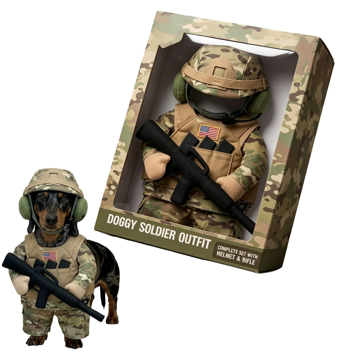 Small Dog Soldier Costume with Hat | Camouflage Halloween Outfit
