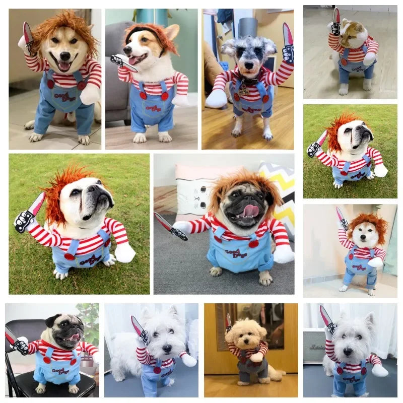 Collage of dogs wearing a costume with a red and white striped shirt and blue overalls.