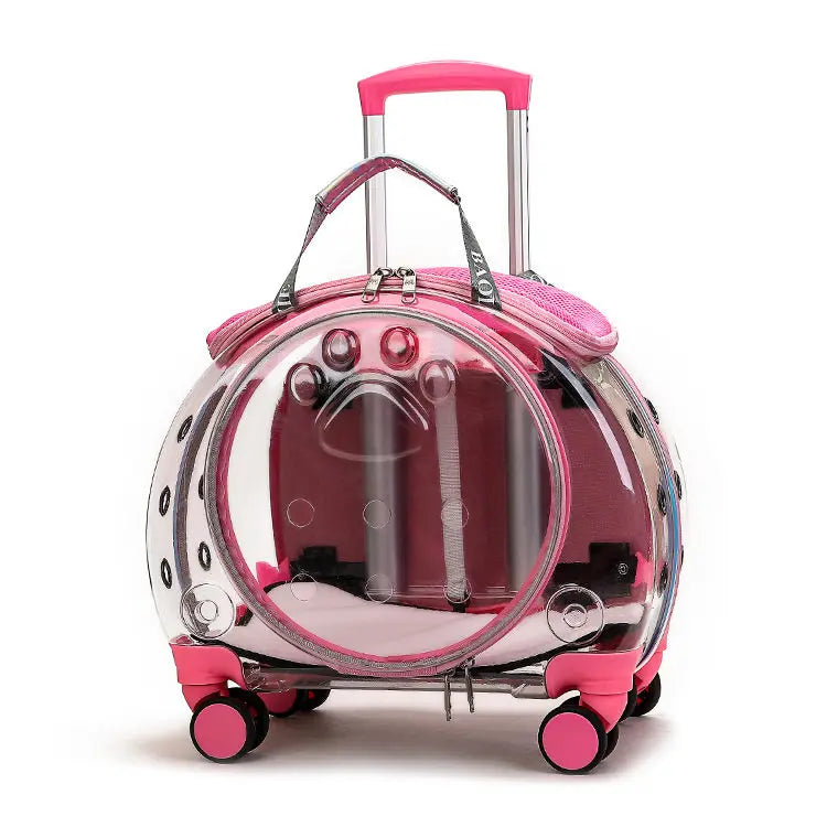 Pink transparent suitcase with wheels on a white background
