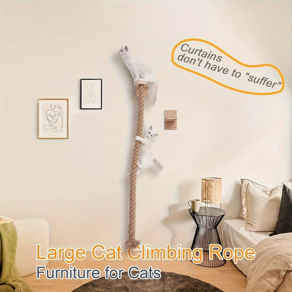 Cat climbing rope furniture in a living room setting with text 'Curtains don't have to 'suffer'.'