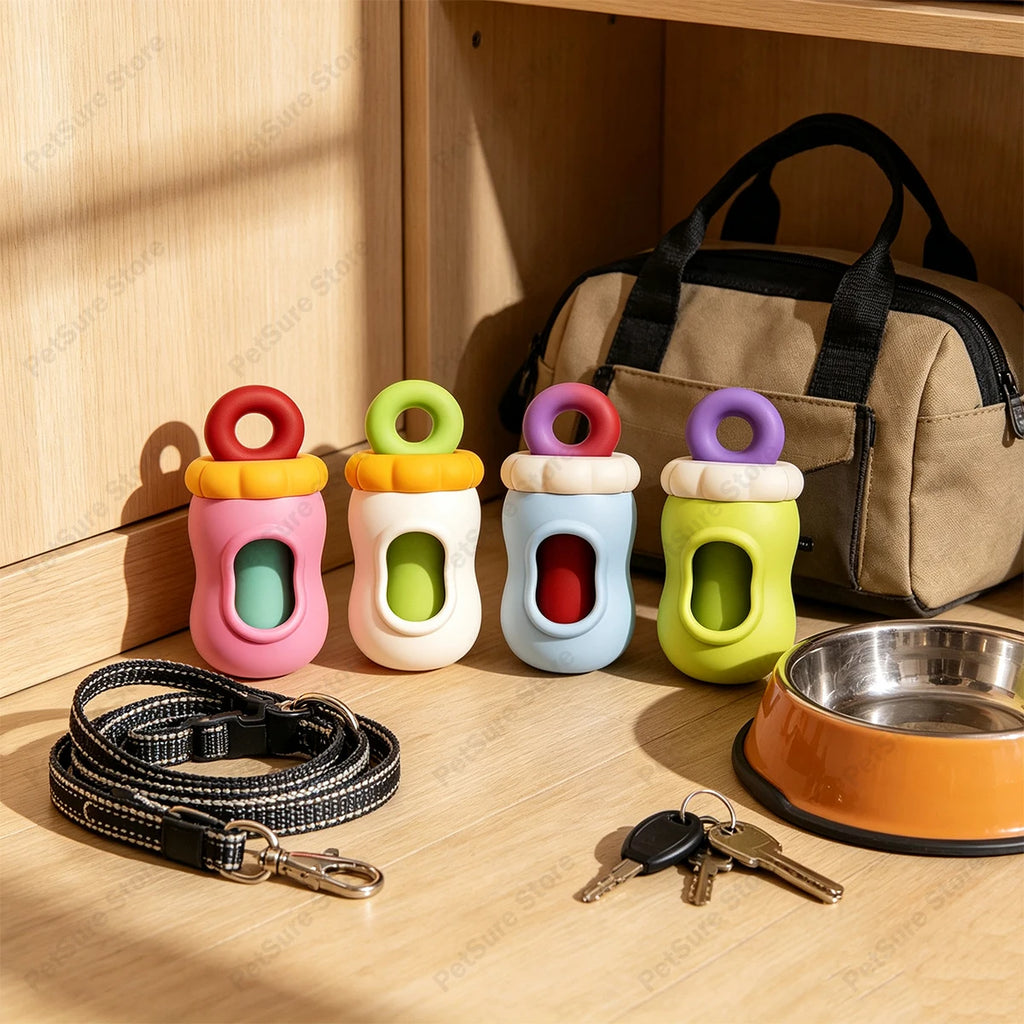 Four colorful silicone dog teething toys arranged on a wooden shelf, alongside a black-and-white patterned leash, keys, and an orange pet bowl. A tan pet carrier bag sits in the background.