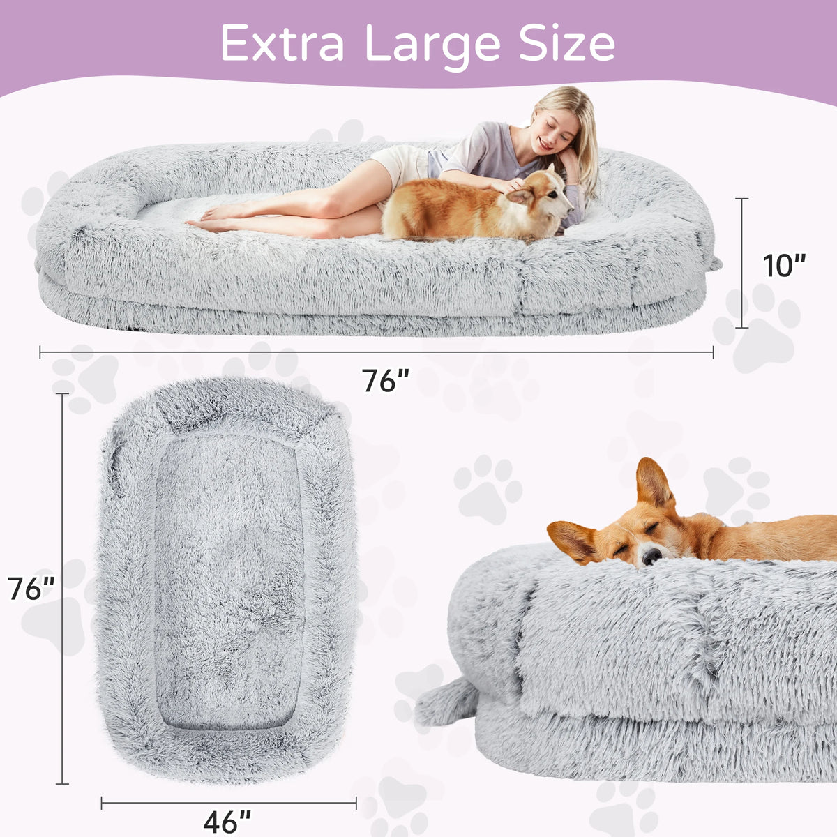 Extra large fluffy gray pet bed shown with a woman and dog on top, plus separate dimension labels reading 76 by 46 by 10 inches. The image includes text reading 'Extra Large Size' and paw-print graphics on a white background.