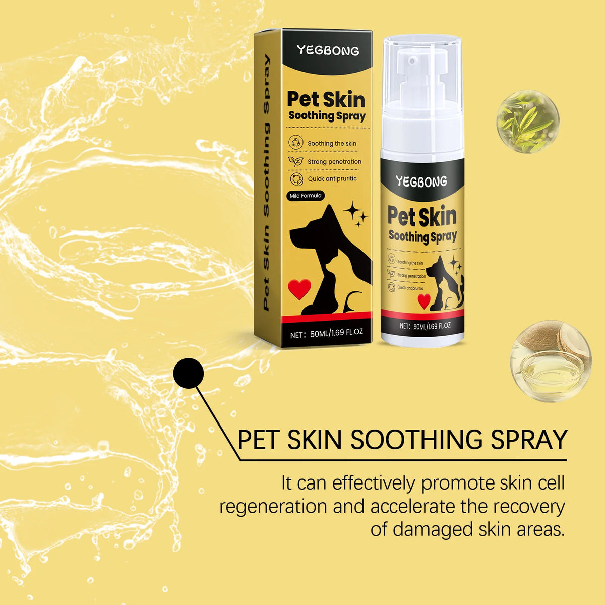 Yegbong Pet Skin Soothing Spray packaging on a yellow background with text about its benefits.