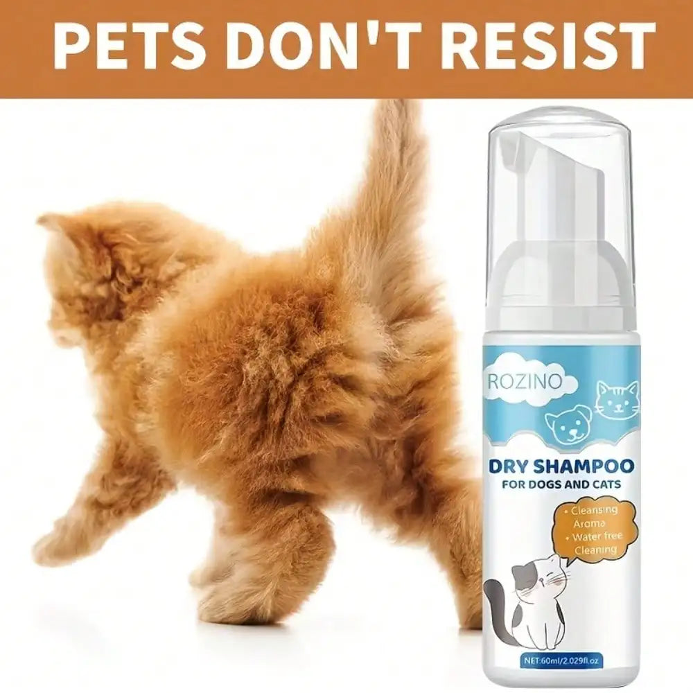 Rozino Dry Shampoo for Dogs and Cats in a white pump bottle, shown next to a fluffy orange kitten on a white background with an orange banner reading 'PETS DON'T RESIST'.