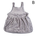 A light gray plush fleece baby romper dress with shoulder straps, shown against a plain white background with a black letter 'B' in the top right corner.
