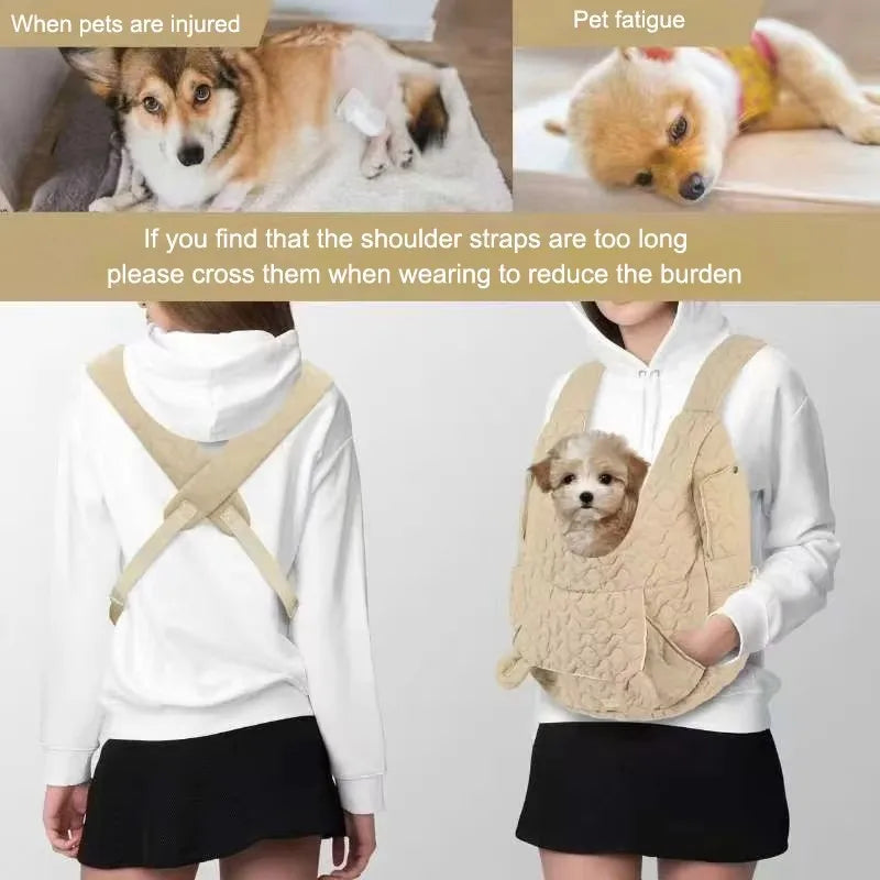 Dog carrier worn by a person with text about pet care and strap adjustment.