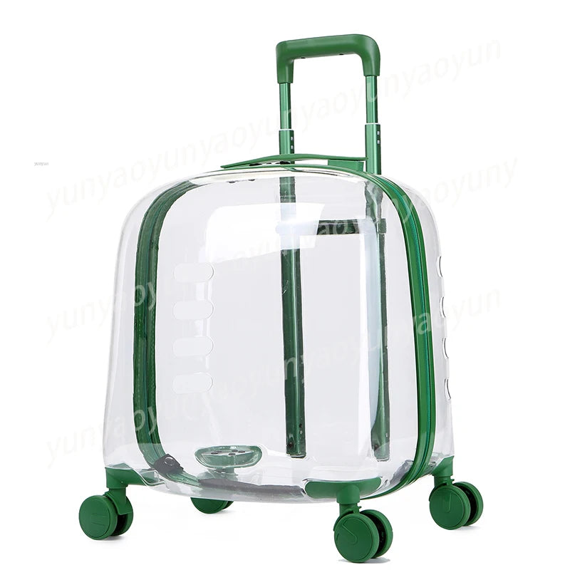 A clear hard-shell protective luggage cover with a green frame, telescoping handle, and four spinner wheels, shown on a white background.