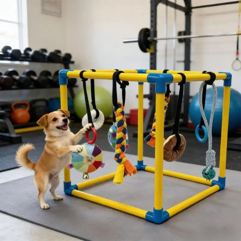 A small tan dog stands on its hind legs and reaches for a hanging toy on a yellow and blue dog agility play gym in a gym setting.