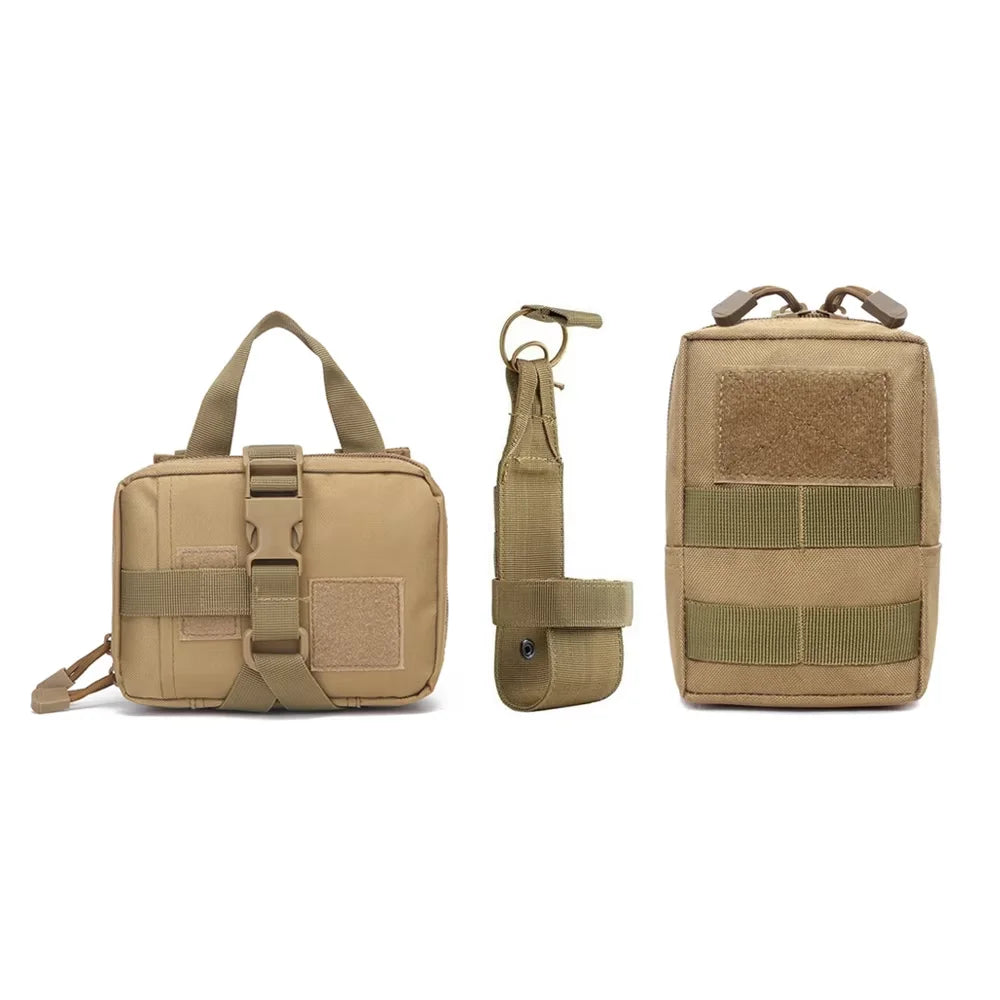 Three tan tactical pouches on a white background
