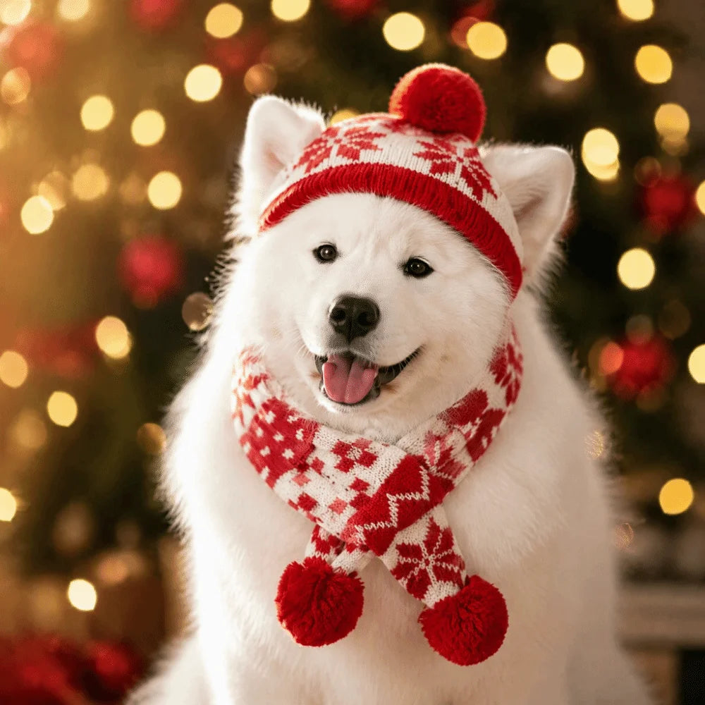 A fluffy white dog wearing a red and white knit Christmas hat with a pom-pom and a matching red and white knit scarf with pom-poms, set against a warm, blurred Christmas tree background with golden bokeh lights.