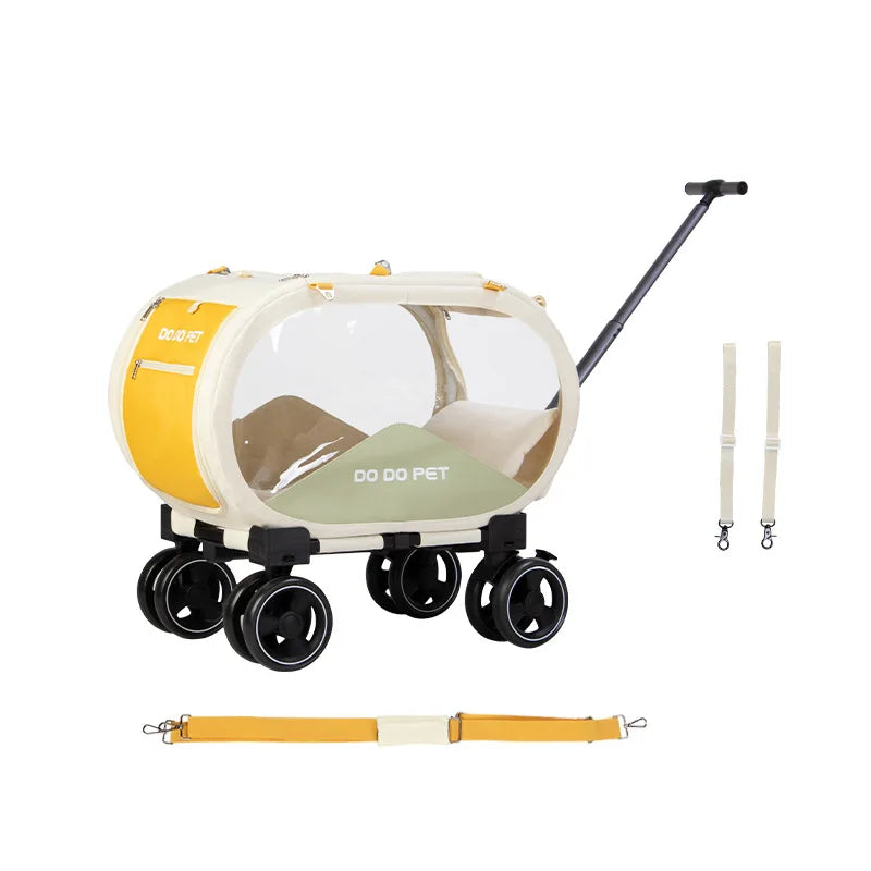 A pet stroller wagon with a clear canopy, cream and yellow shell, and black wheels, shown on a white background with a detachable yellow strap and two carrying straps.