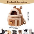 Brown pet bed with deer design and measurements on a white background