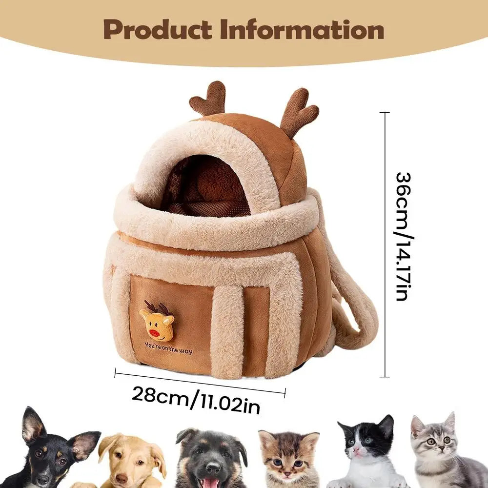 Brown pet bed with deer design and measurements on a white background