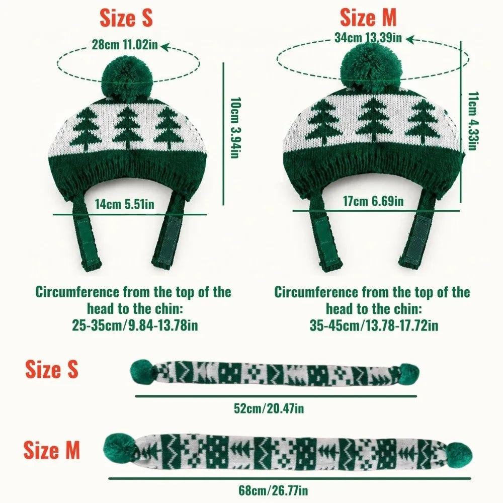 Size chart diagram for a knit winter hat, showing measurements for Size S and Size M including head circumference, height, and arm length, with matching arm warmer strips below.