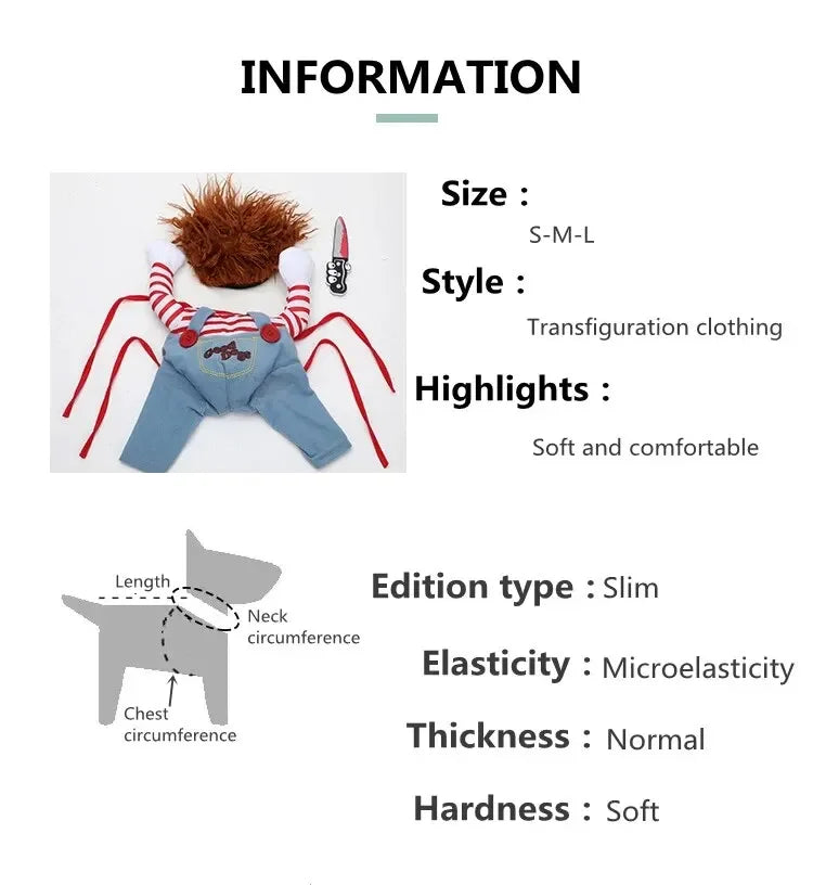 Transformation clothing with size, style, and feature details on a white background