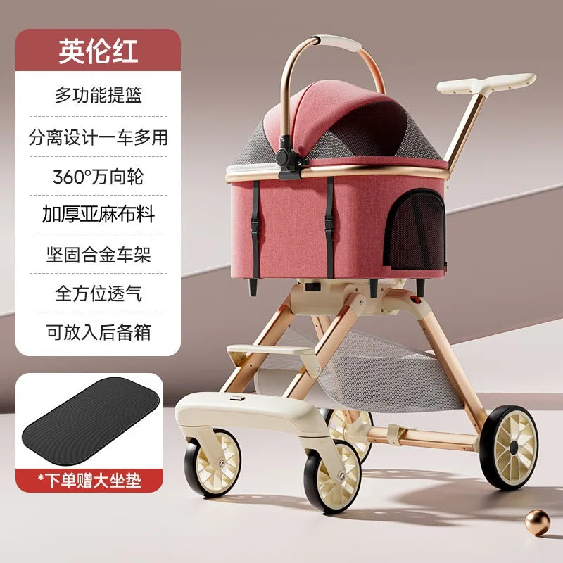 3-in-1 Luxury Pet Stroller with Detachable Carrier — 4-Wheel Travel Pram for Small & Medium Dogs and Cats