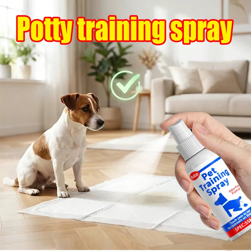 A hand holds a bottle of pet training spray in front of a dog sitting on a wooden floor with a white training pad. Large text at the top reads 'Potty training spray' with a green check mark graphic.