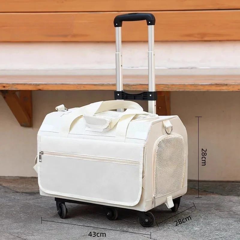 White pet carrier with wheels on a wooden bench