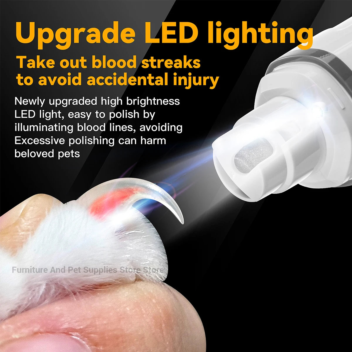 LED light being used on a pet's paw with text about upgrading LED lighting to avoid injury.