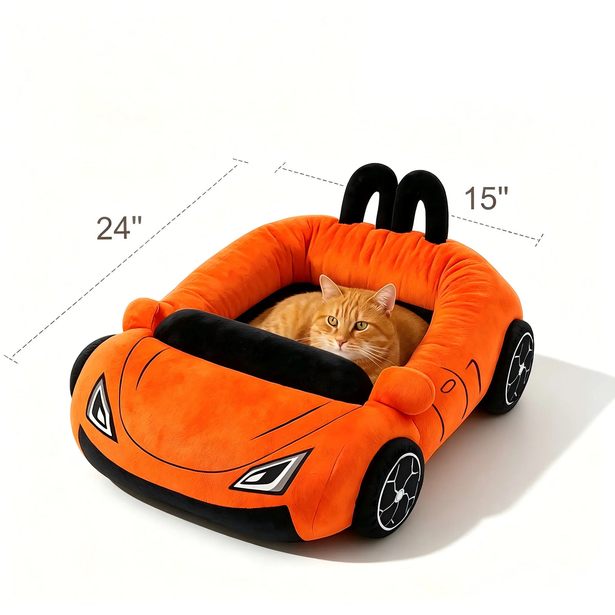 Orange car-shaped pet bed with a cat inside, shown with dimensions on a white background