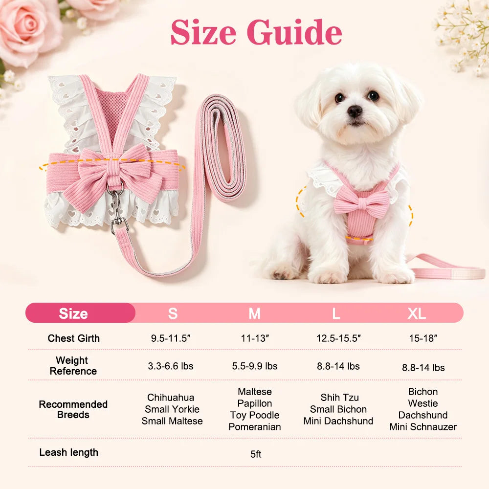 A pink and white lace pet harness with matching leash shown on a white dog, alongside a size chart table labeled S, M, L, and XL with chest girth, weight, recommended breeds, and leash length.