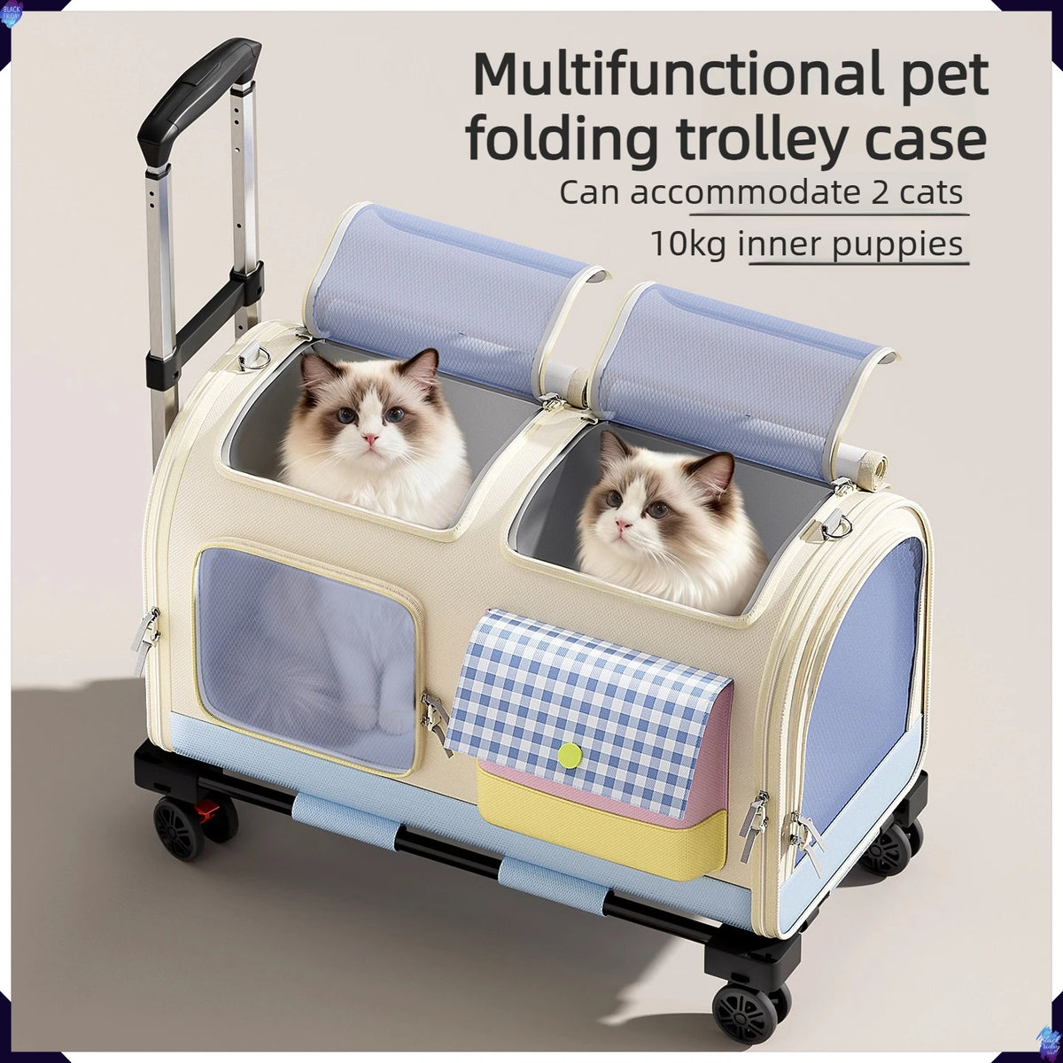 Multifunctional pet folding trolley case with two cats inside on a plain background