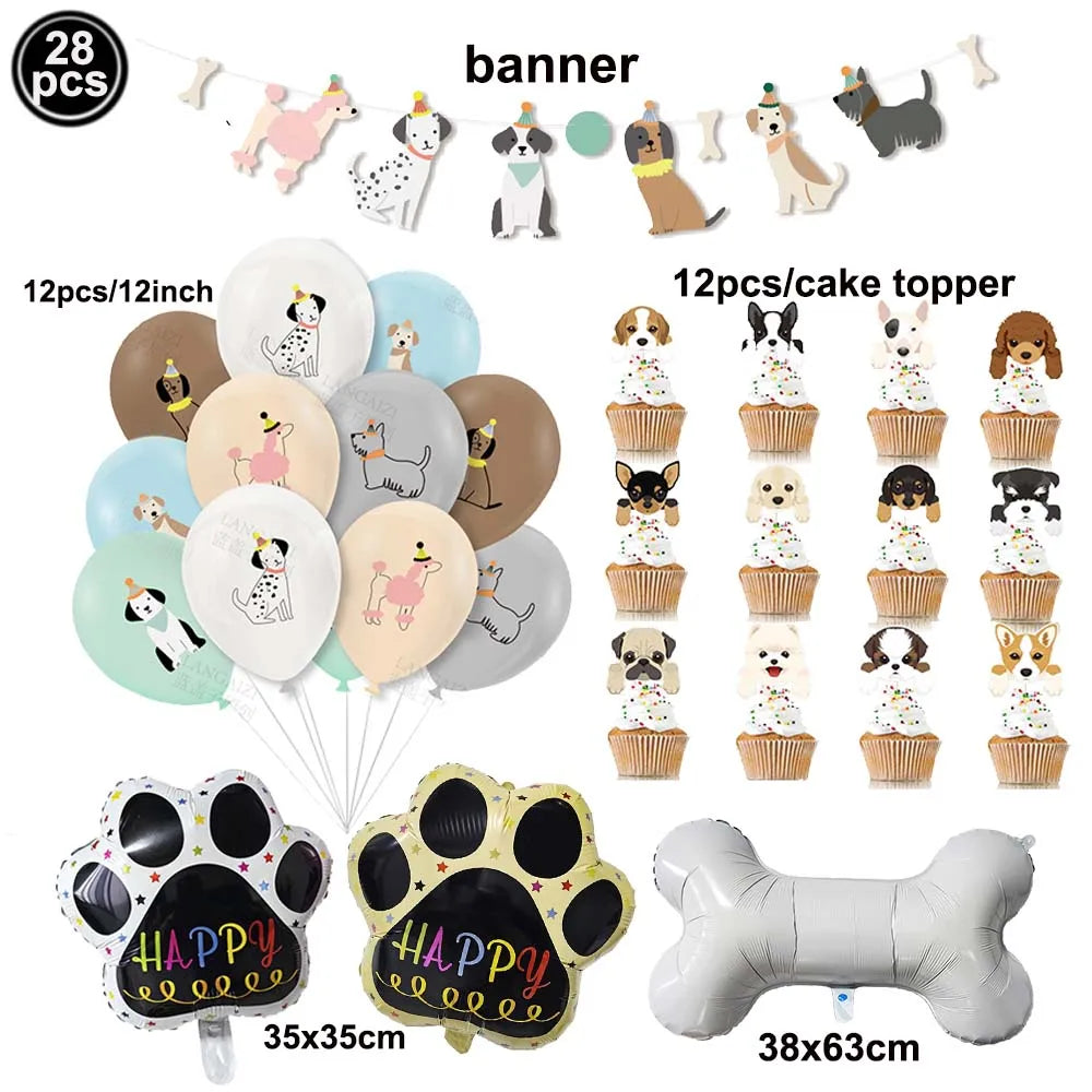 Dog Birthday Party Decoration Set – Banner, Balloons & Cake Decor for Pets