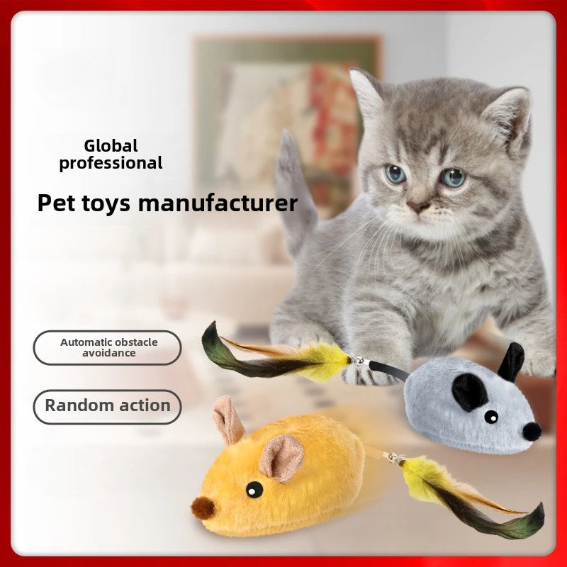 Cat playing with toy mice and a feather, with text about pet toys manufacturer.