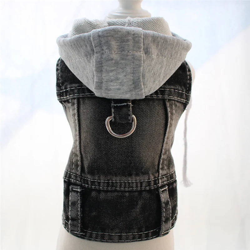 Denim dog vest with gray hood on a mannequin against a white background