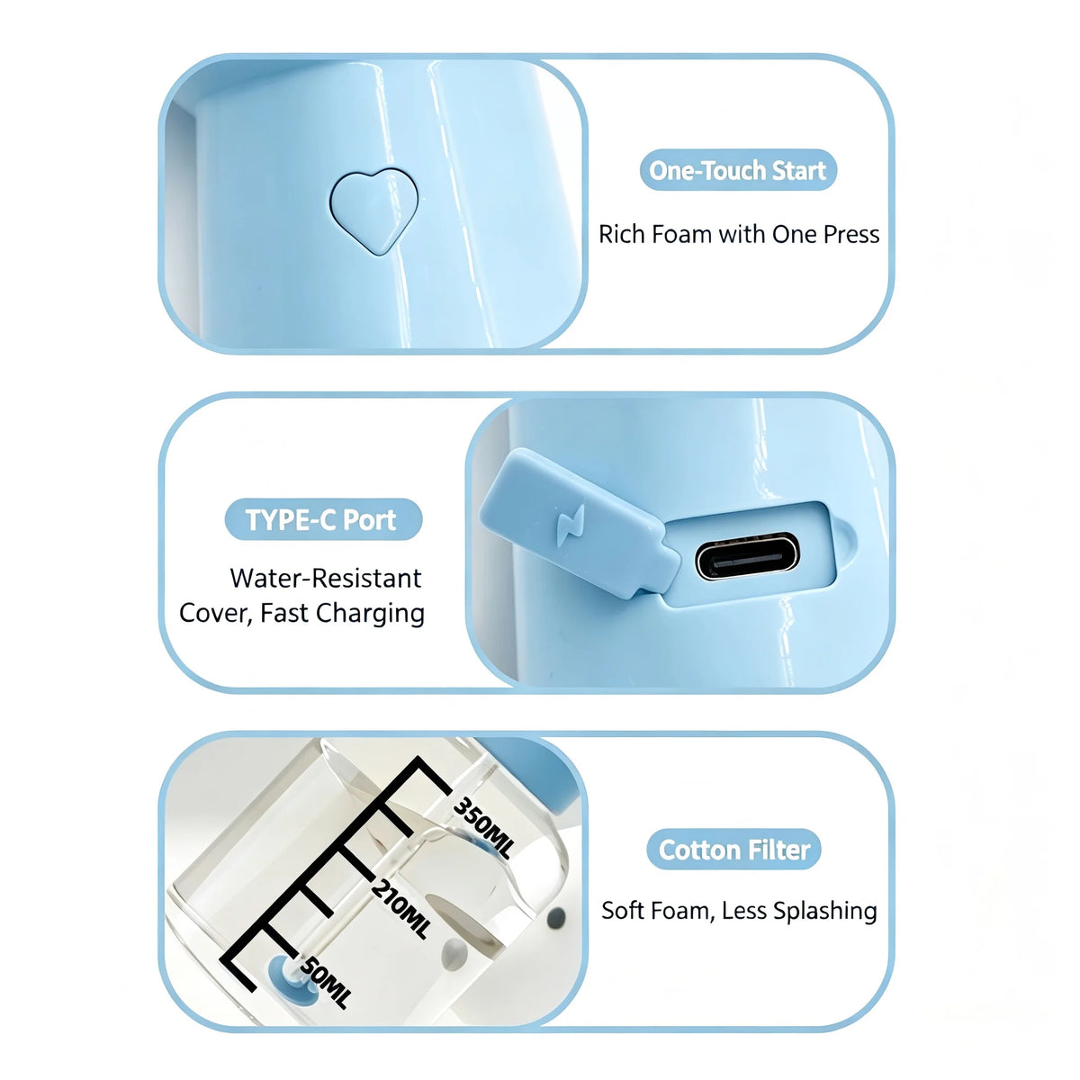 Three-panel product feature graphic for a light blue disposable vape device. The top panel shows a close-up of the one-touch start heart button.