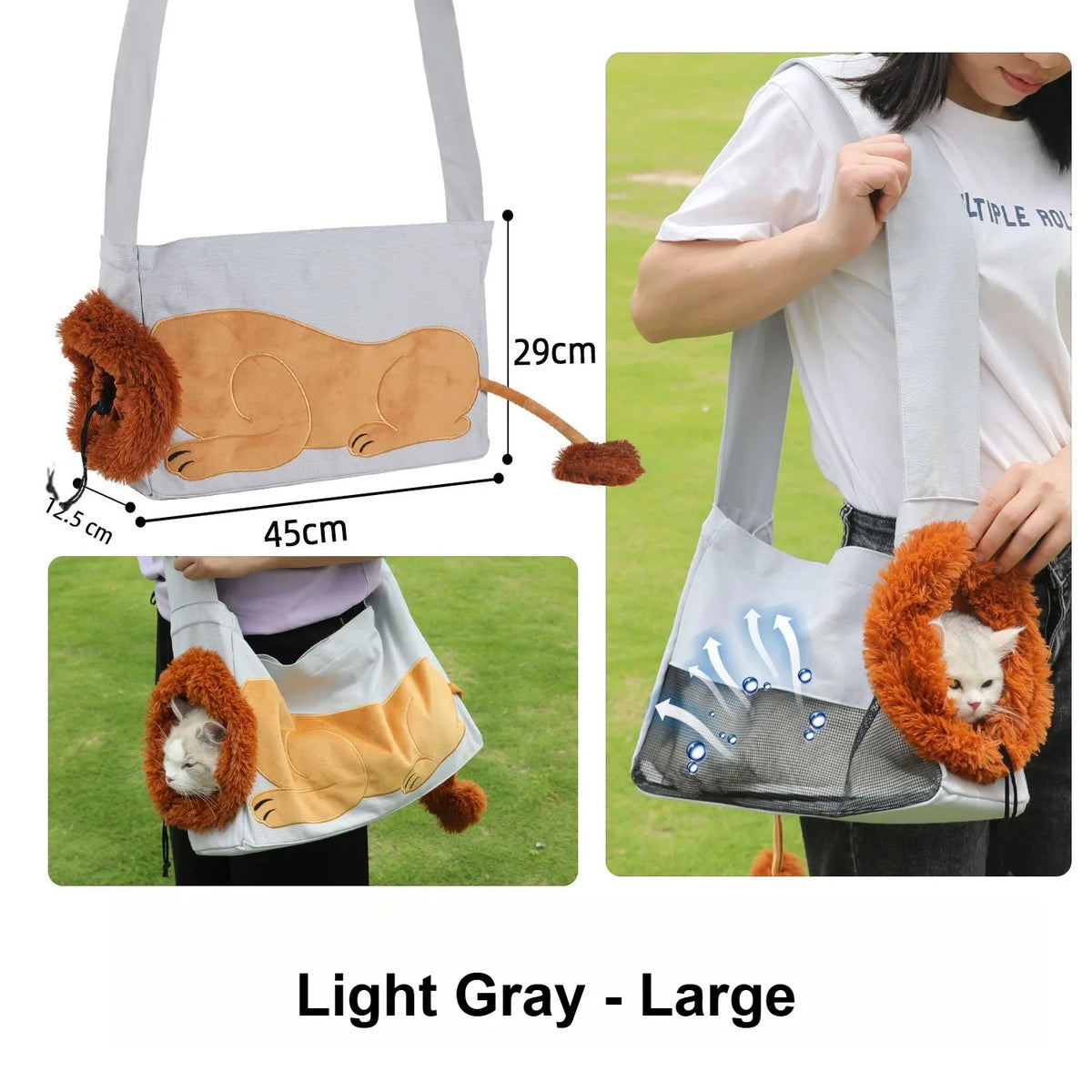 A collage showing a light gray pet carrier shoulder bag with a lion-face design and a small white cat peeking out from the front opening. The collage includes dimension labels (45 cm wide, 29 cm tall, 12.