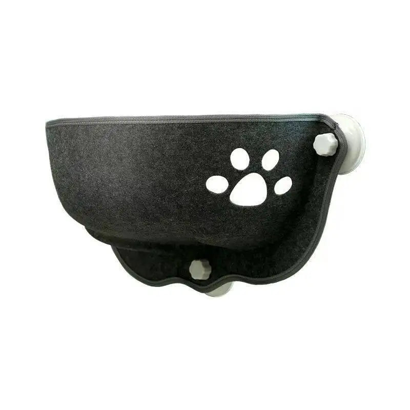 A black pet cat bed made of textured fabric, featuring a paw print cutout on the front and white plastic mounting hardware on the sides, shown against a plain white background.