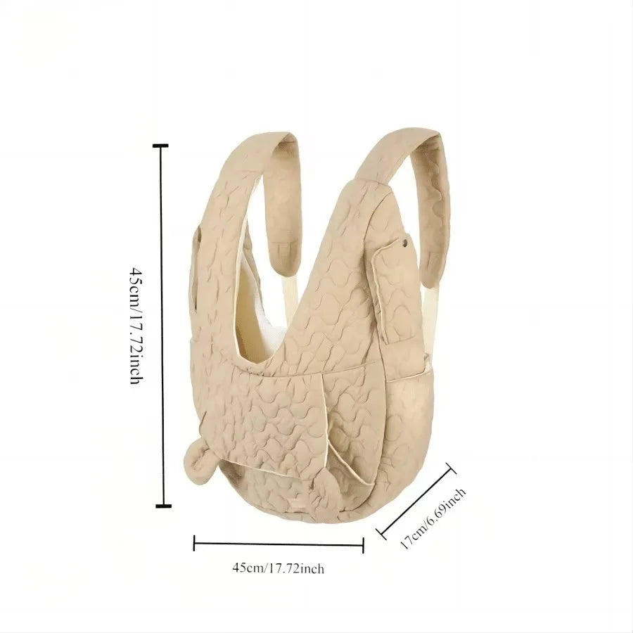 Beige quilted handbag with dimensions indicated on a white background