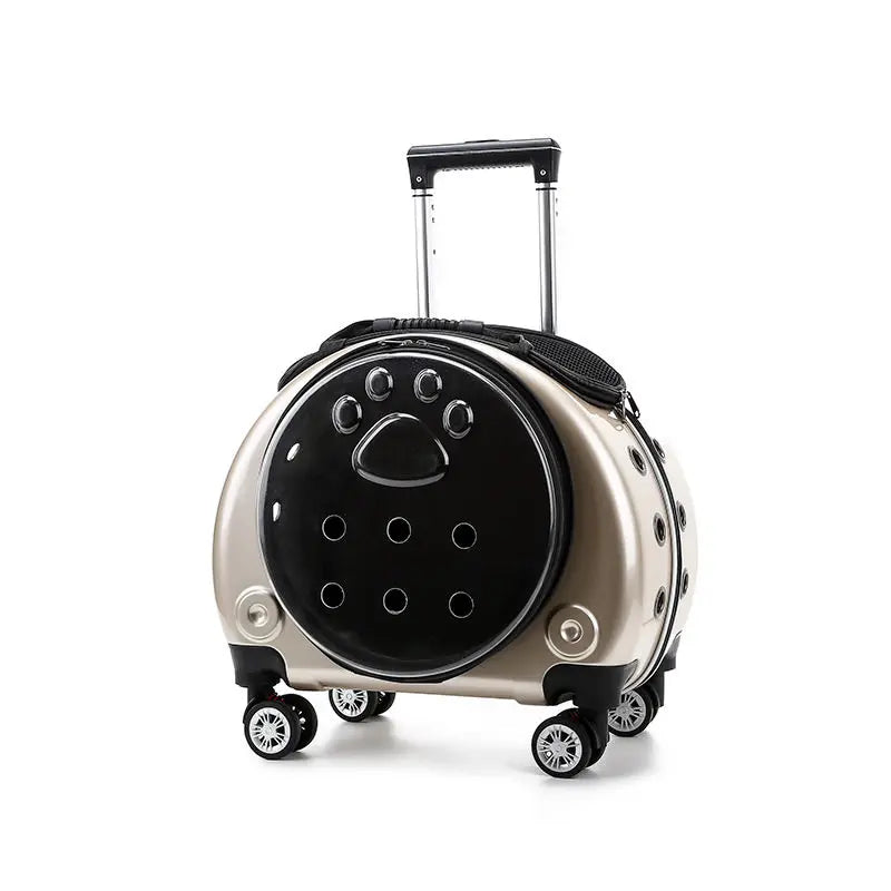 Round suitcase with paw print design on a white background