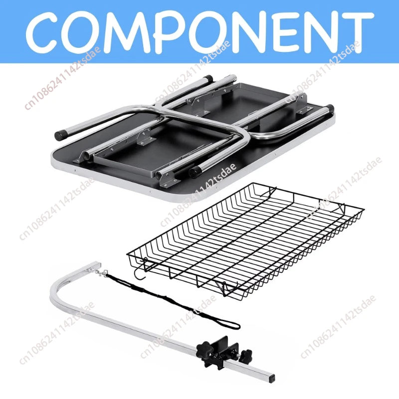A set of product components on a white background with a blue header reading 'COMPONENT'. The set includes a folded black and silver table or rack base, a black wire storage basket, and a silver metal arm with a black connector and strap.