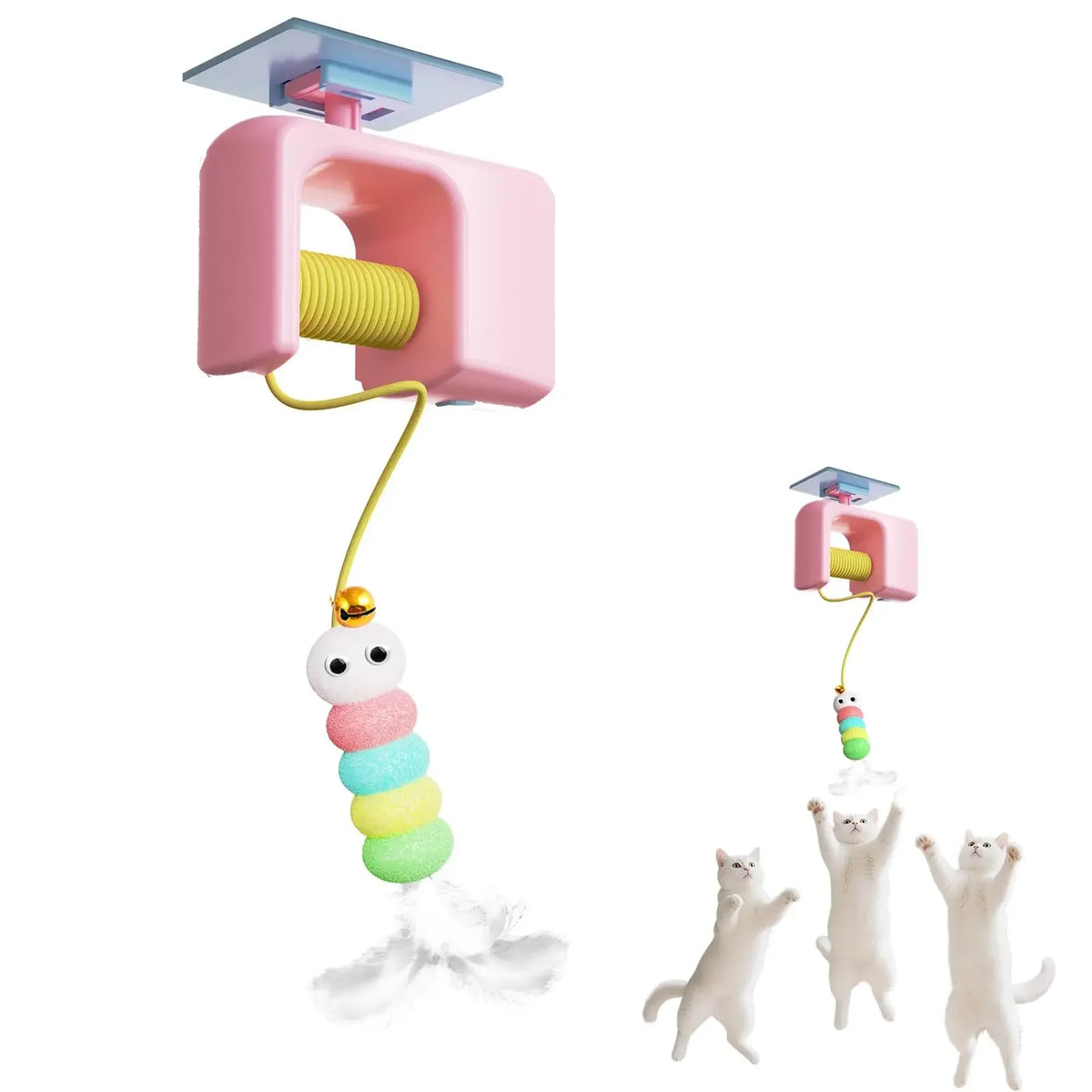 Pink cat toy with a hanging colorful bead and small cartoonish figures on a white background