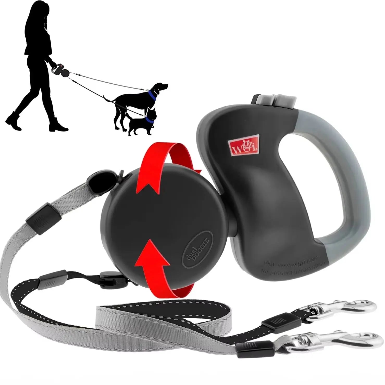 A retractable dog leash set with a black and gray handle, gray strap, metal clamps, and a circular reel shown on a white background. A small red logo on the handle reads 'The Leash'.